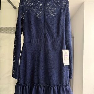 B Darlin Blue lace Dress Long Sleeves Crew Neck